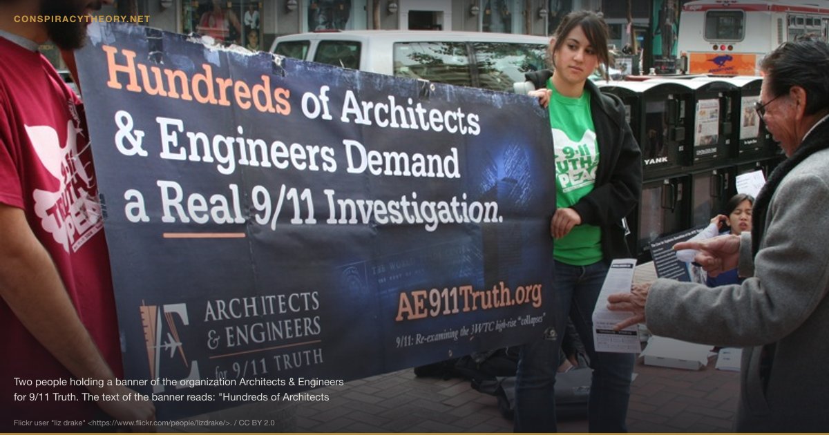 World Trade Center Controlled Demolition Theory — Two people holding a banner of the organization Architects & Engineers for 9/11 Truth. The text of the banner reads: "Hundreds of Architects & Engineers Demand a Real 9/11 Investigation."