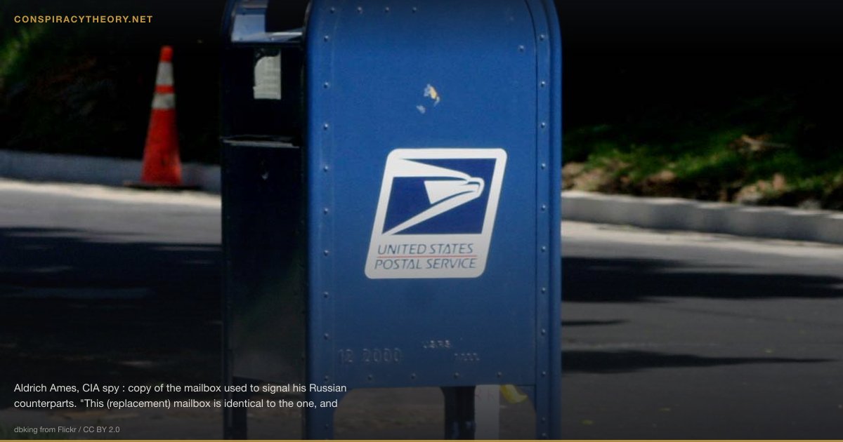 Aldrich Ames — CIA's Deadliest Mole (1985) — Aldrich Ames, CIA spy : copy of the mailbox used to signal his Russian counterparts. "This (replacement) mailbox is identical to the one, and in the same location that convicted spy Aldrich Ames used to signal his Russian counterparts. Ames would place a horizontal chalk mark about 3" long above the USPS logo to let his Russian handlers know he needed a meeting. This (replacement) mailbox is located at 37th and R Sts. NW about 0.8 miles from the Russian Embassy. The original mailbox was taken as evidence and is now owned by a museum." — dbking