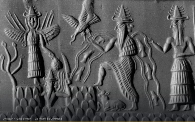 Detail of The Adda Seal. The figures can be identified as gods by their pointed hats with multiple horns. The figure with streams of water and fish flowing from his shoulders is Ea (Sumerian Enki), god of subterranean waters and of wisdom. Behind him stands Usimu, his two-faced vizier (chief minister). At the centre of the scene is the sun-god, Shamash (Sumerian Utu), with rays rising from his shoulders. He is cutting his way through the mountains in order to rise at dawn. To his left is a winged goddess, Ishtar (Sumerian Inanna). The weapons rising from her shoulders symbolise her warlike characteristics. — related to Anunnaki — Ancient Alien Gods of Sumer