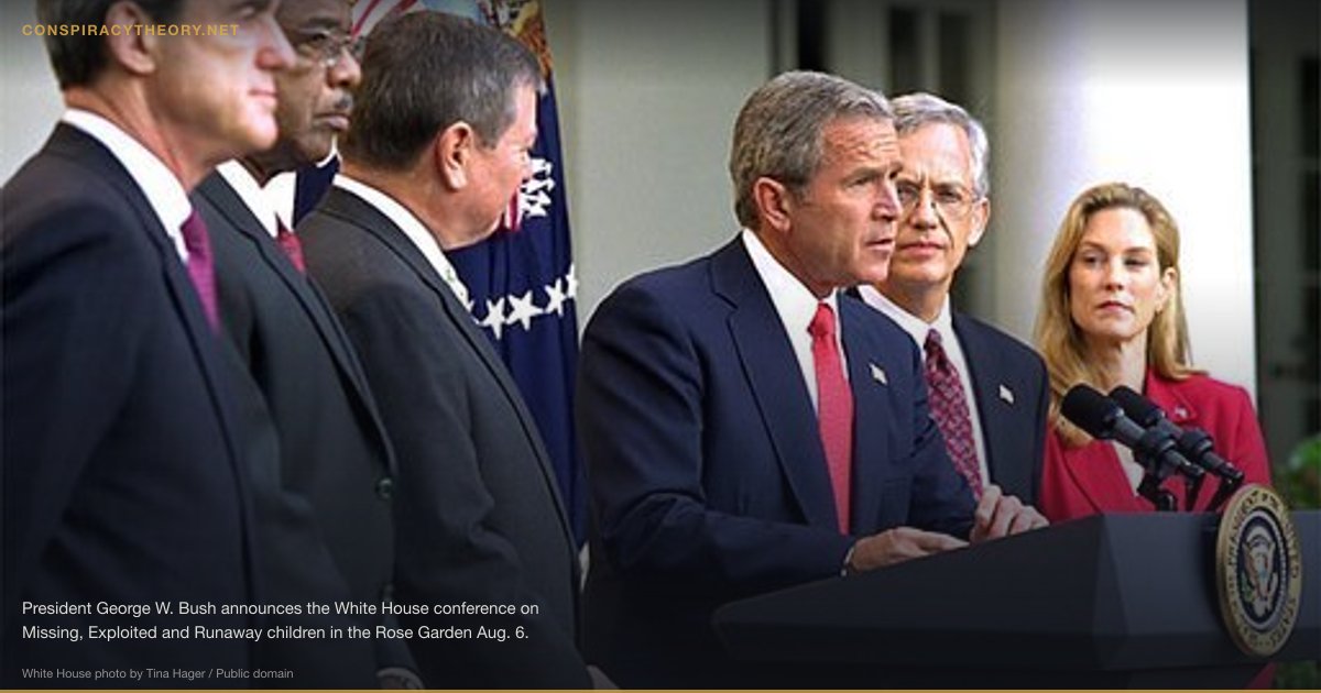 FBI Entrapment Operations (2001) — President George W. Bush announces the White House conference on Missing, Exploited and Runaway children in the Rose Garden Aug. 6. Standing with him are, from left to right, FBI Director Robert Mueller, Education Secretary Rod Paige, Attorney General John Ashcroft, and Ernie Allen and Carolyn Atwell-Davis from The National Center for Missing and Exploited Children. White House photo by Tina Hager