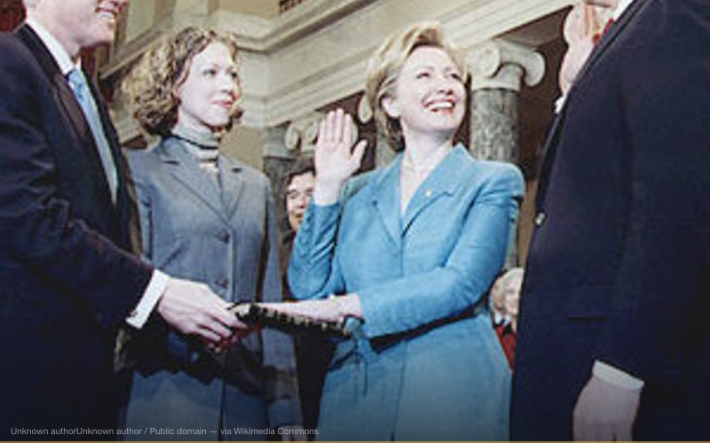 Reenactment of Vice President Al Gore swearing in First Lady Hillary Clinton as a United States Senator in the Old Senate Chamber at the Capitol on January 3, 2001. Her husband, President Bill Clinton, holds the Bible as their daughter, Chelsea Clinton, observes. — related to Frazzledrip Conspiracy Theory