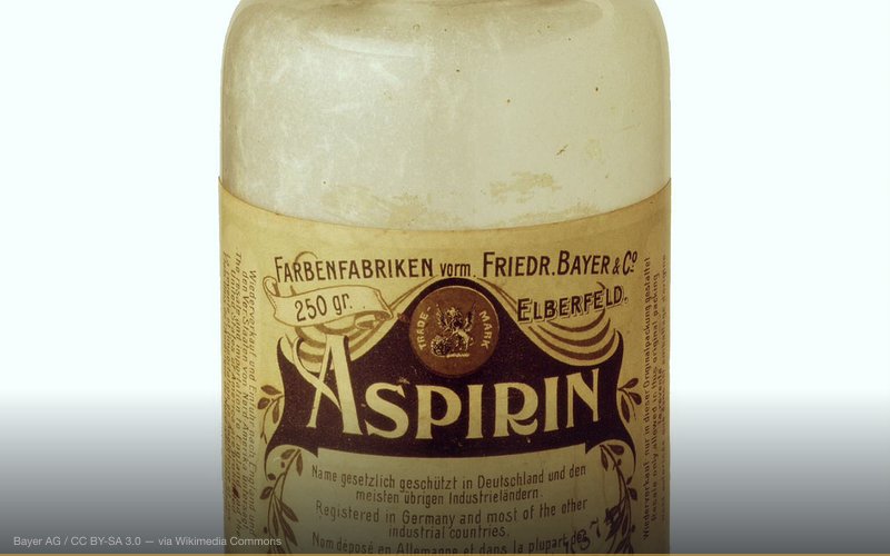 Bottle with aspirin, 1899. from Bayer Archives — related to GMO Conspiracy & Monsanto