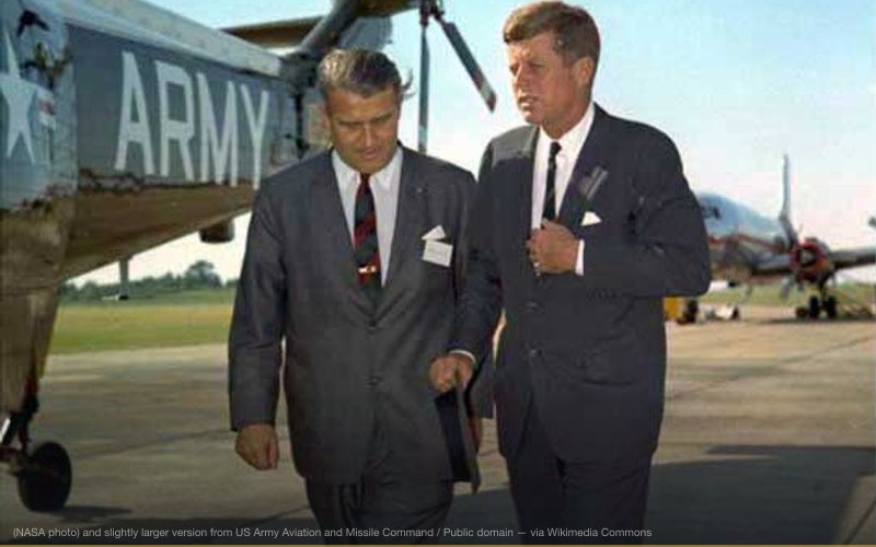 Wernher von Braun walking with President Kennedy at the Army Ballistic Missile Agency at Redstone Arsenal (Alabama) in 1963. — related to Operation Paperclip — Nazi Scientists in America