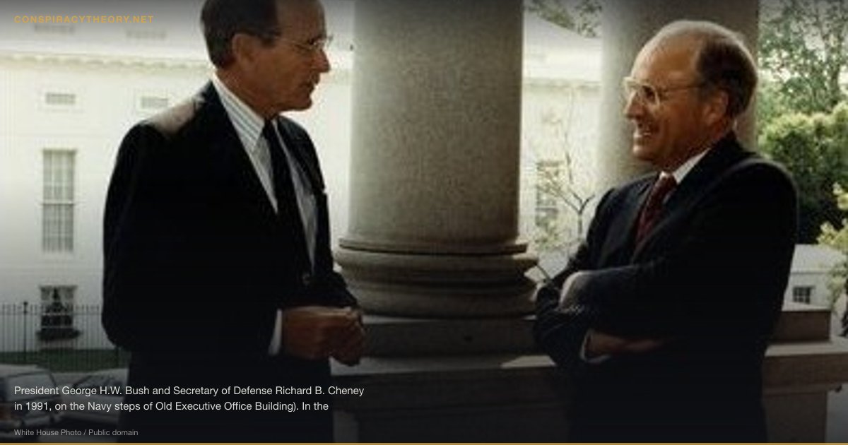 Shadow Government / Continuity of Government (1950s) — President George H.W. Bush and Secretary of Defense Richard B. Cheney in 1991, on the Navy steps of Old Executive Office Building). In the background, the West Wing of the White House.