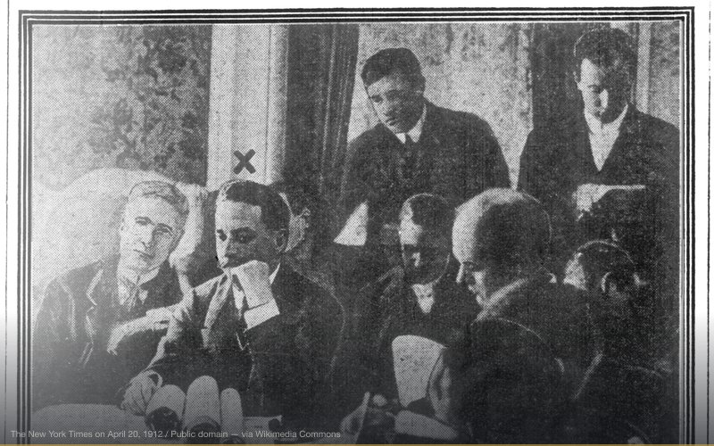Photograph of English businessman J. Bruce Ismay testifying at a U.S. Senate Inquiry into sinking of the RMS Titanic. — related to Titanic–Olympic Switch Theory