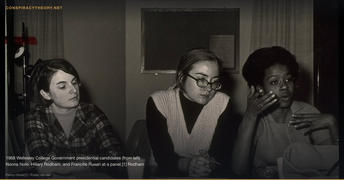 The 'Vast Right-Wing Conspiracy' (1998-01-27) — 1968 Wellesley College Government presidential candidates (from left) Nonna Nolo, Hillary Rodham, and Francille Rusan at a panel.[1] Rodham would later win the presidential election.[2]